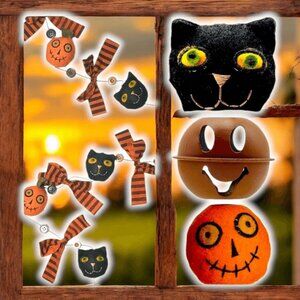 Rustic Halloween Black Cat Pumpkins Garland Buttons Bell Felt Bows Matal Decor